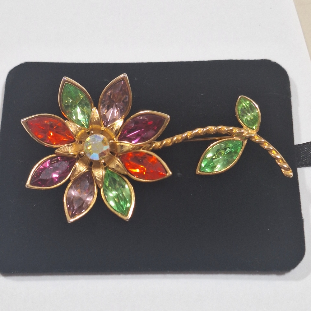 Vintage GRAZIANO Large Colorful Flower Brooch Pin 3" Uranium Glass Gold Tone